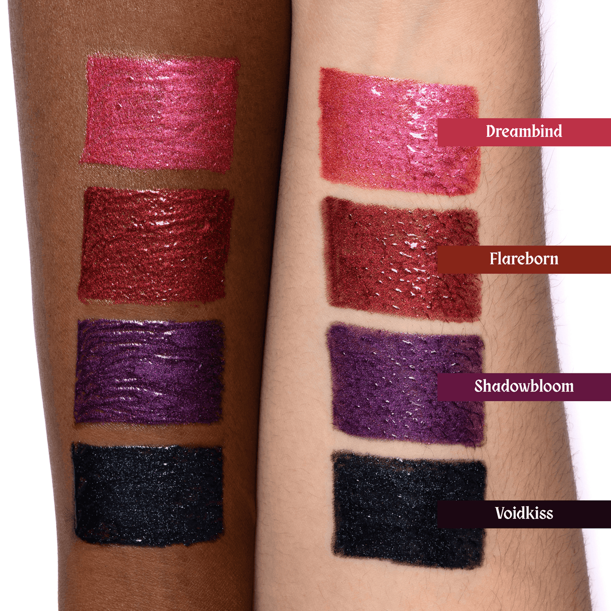 Color swatches of lip oil on skin with labels &