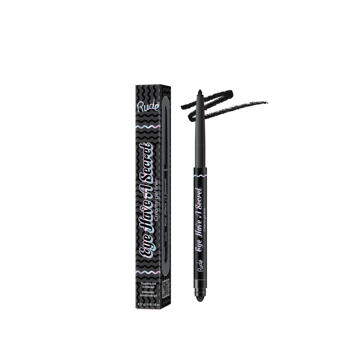 Rude Cosmetics Eye Highlighter in Black, showing the black pencil with a swatched black line next to its black packaging box.