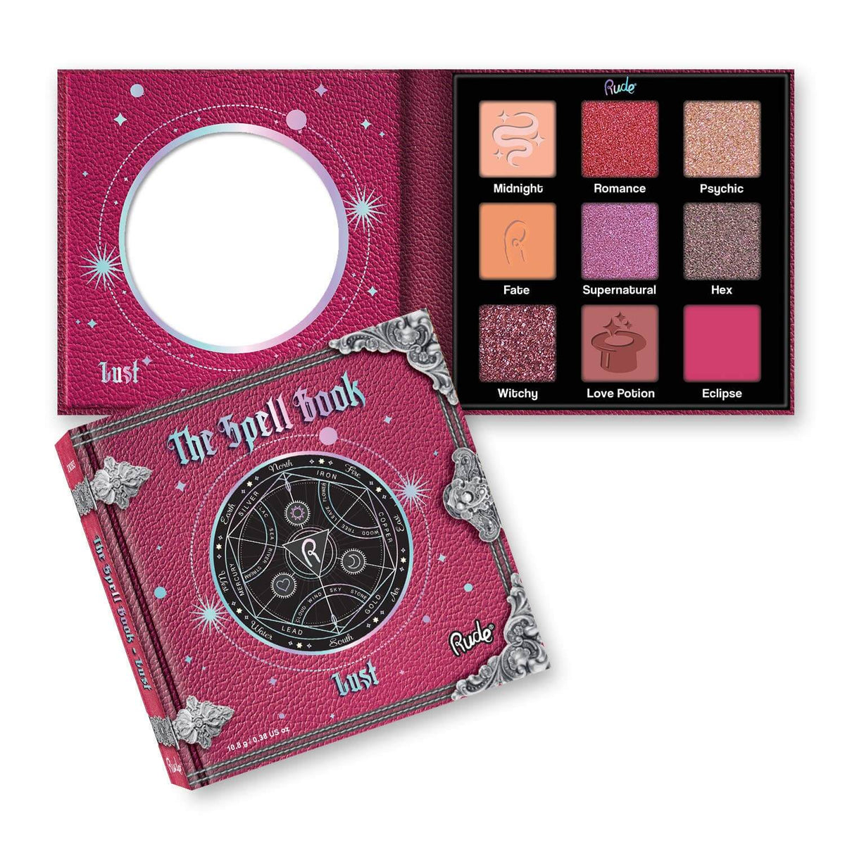 The Spell Book makeup palette by Rude, featuring a pink faux-leather cover with silver corner accents and a circular cutout, shown alongside the open palette displaying nine eyeshadow colors.
