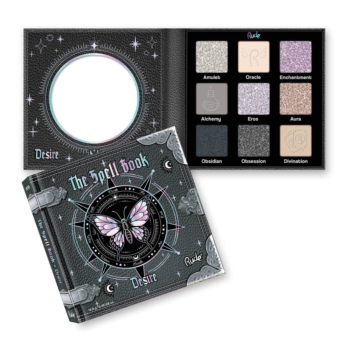 The Spell Book makeup palette by Rude, featuring a black faux-leather cover with silver corner accents and a circular cutout, shown alongside the open palette displaying nine eyeshadow colors.