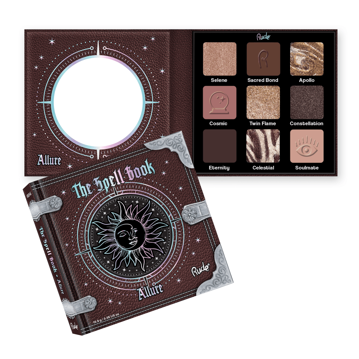 The Spell Book makeup palette by Rude, featuring a brown faux-leather cover with silver corner accents and a circular cutout, shown alongside the open palette displaying nine eyeshadow colors.