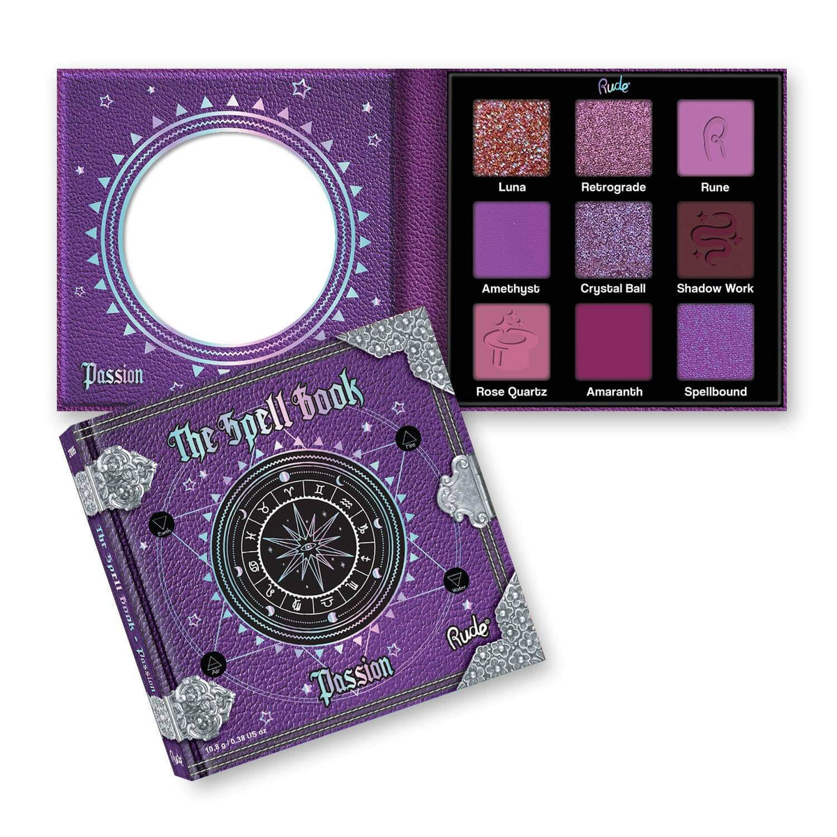 The Spell Book makeup palette by Rude, featuring a purple faux-leather cover with silver corner accents and a circular cutout, shown alongside the open palette displaying nine eyeshadow colors.