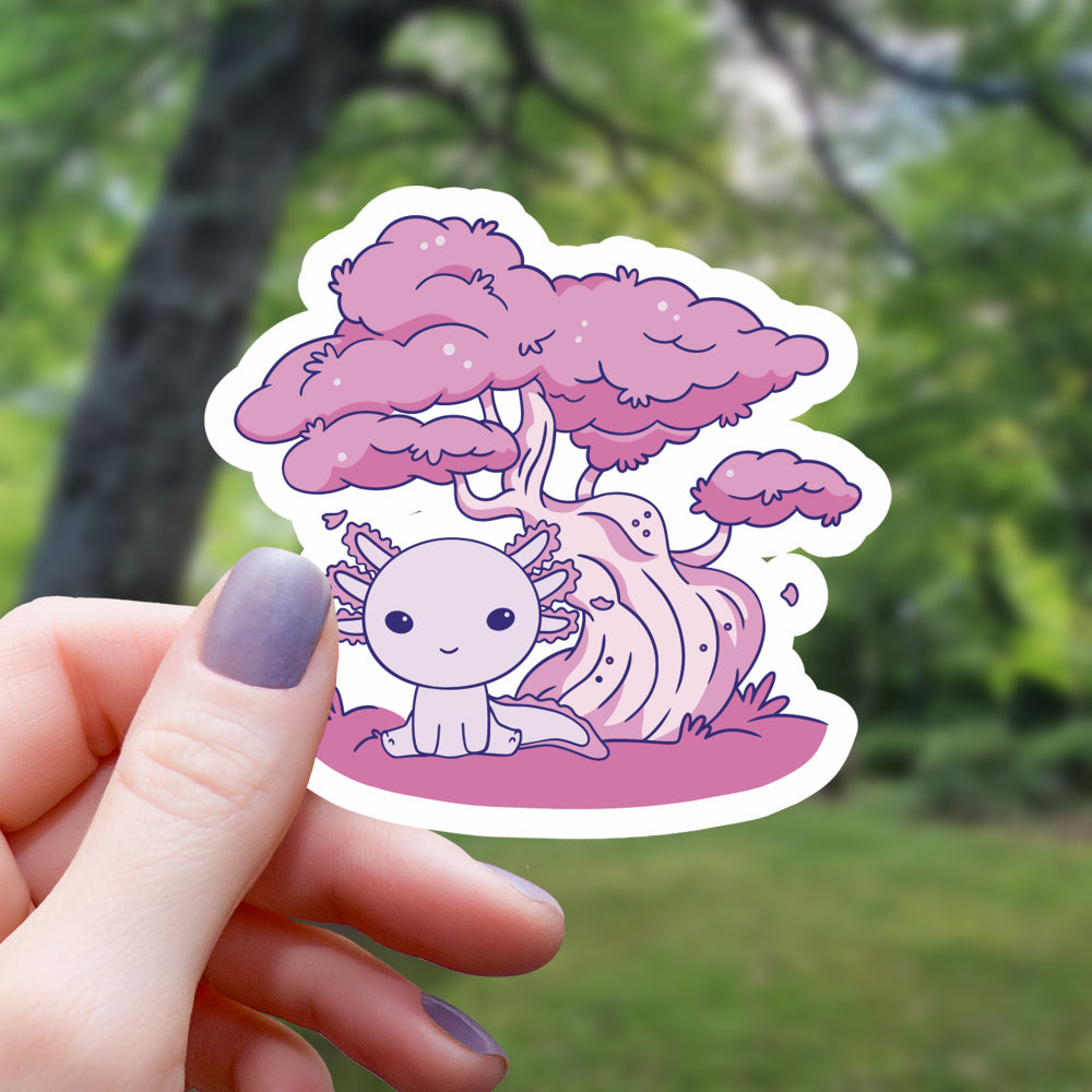 Axolotl Sitting Below Sakura Tree Sticker