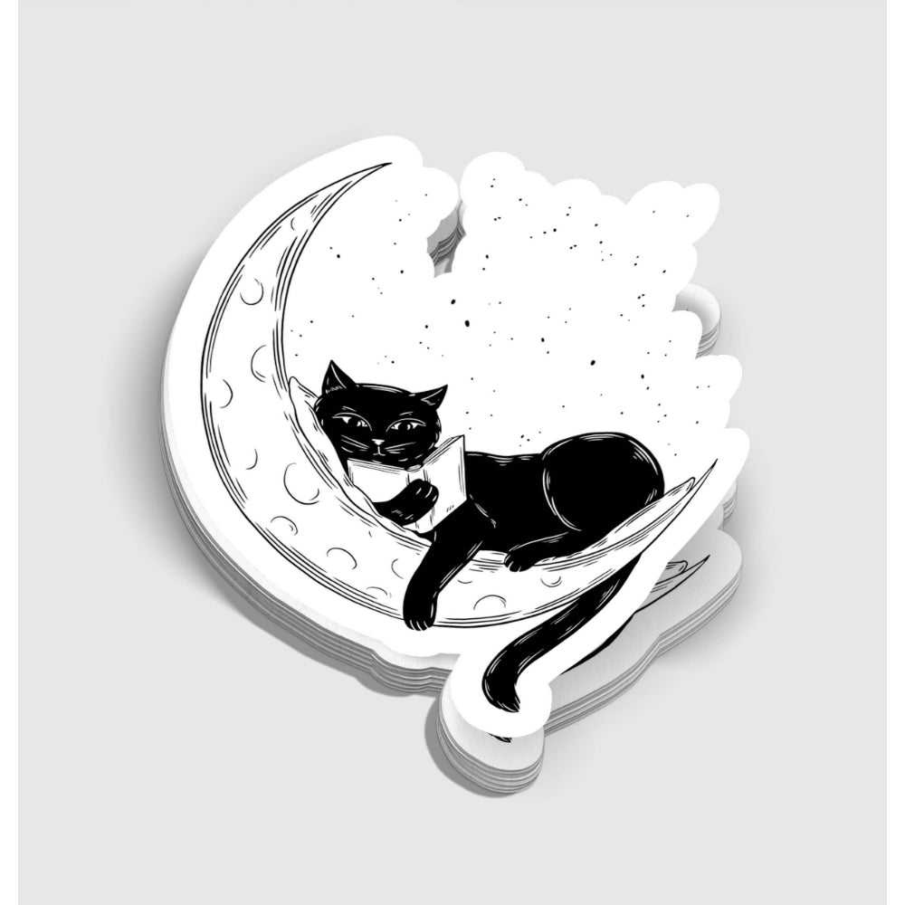 Black Cat Reading on Moon Sticker