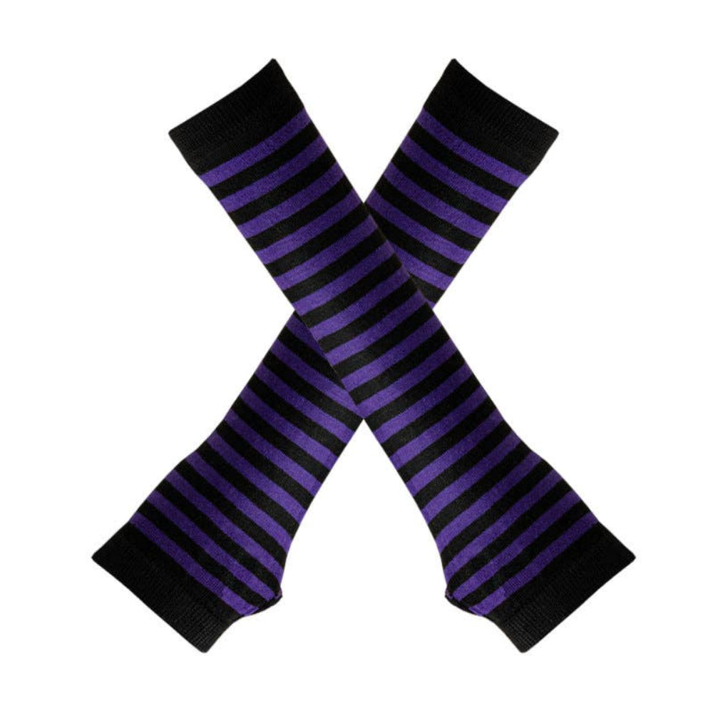 Fingerless Striped Knit Arm Warmers Thin Stripe Black+Deep Purple