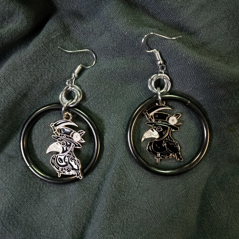 Handmade Earrings Ring and Charm Plague Doctor with Scythe