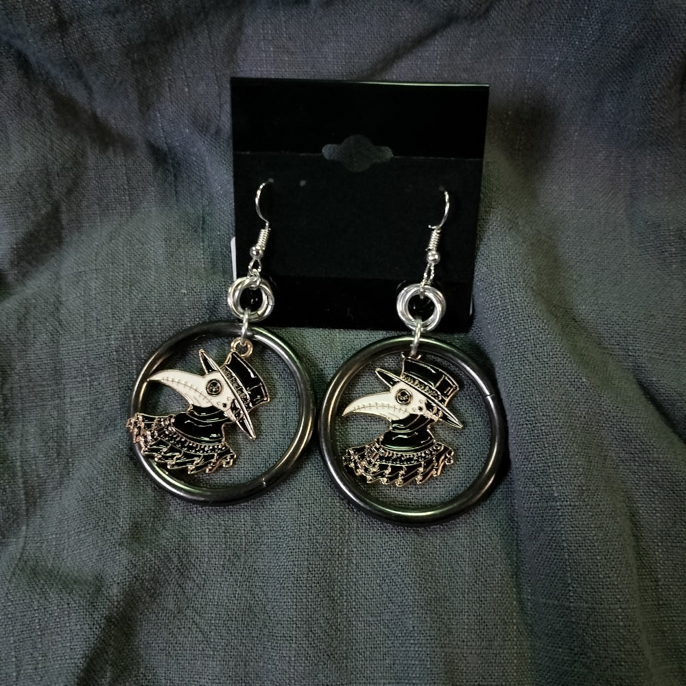 Handmade Earrings Ring and Charm Plague Doctor