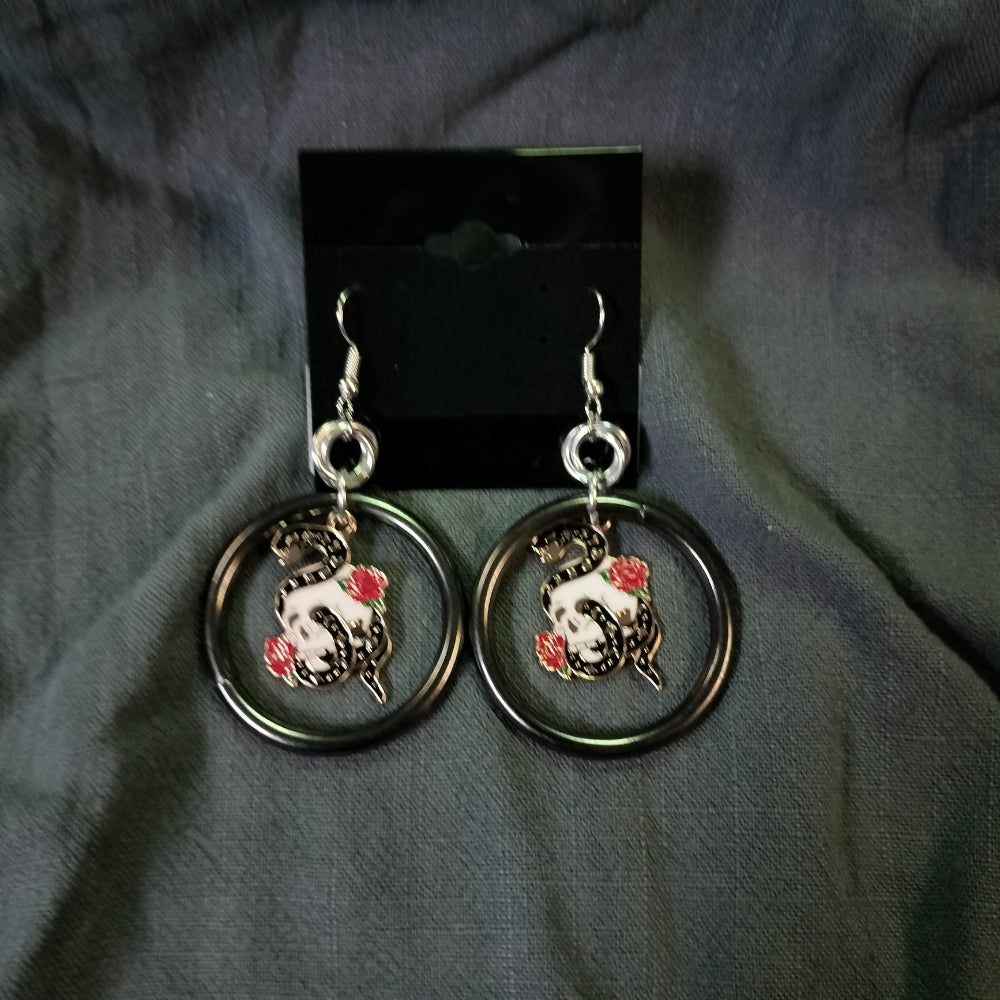 Handmade Earrings Ring and Charm Snake with Skull