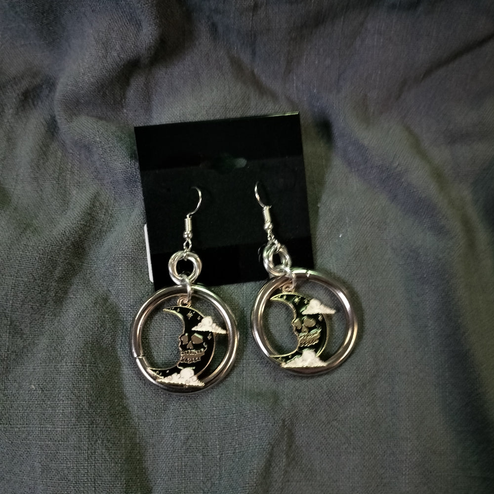 Handmade Earrings Ring and Charm Skull Moon