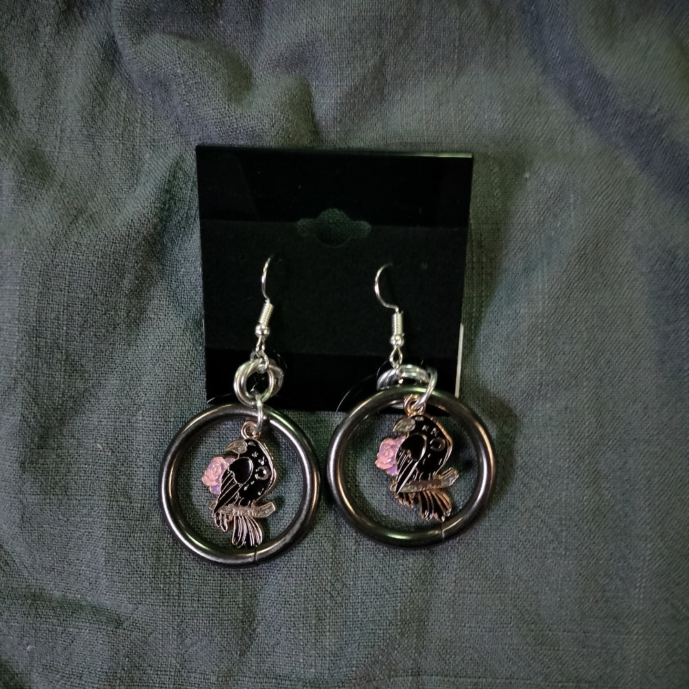 Handmade Earrings Ring and Charm Crow with Pink Roses