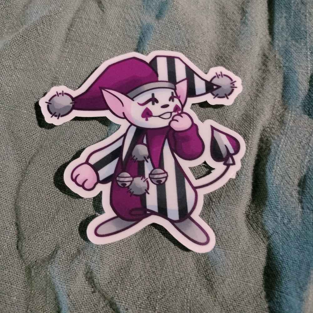 Cartoon character sticker with purple outfit and hat on a textured surface