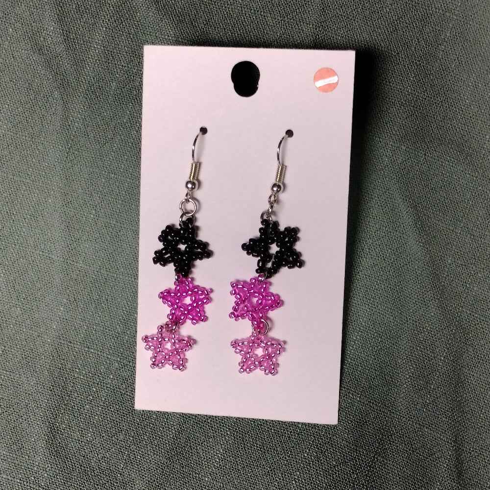 Handmade Beaded Star Earrings Pink and Black