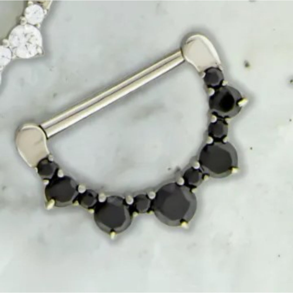 Nipple Ring Clicker Black Gems Silver
