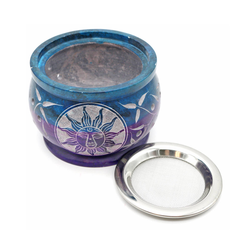 Purple and Teal Soapstone Burner with Sun