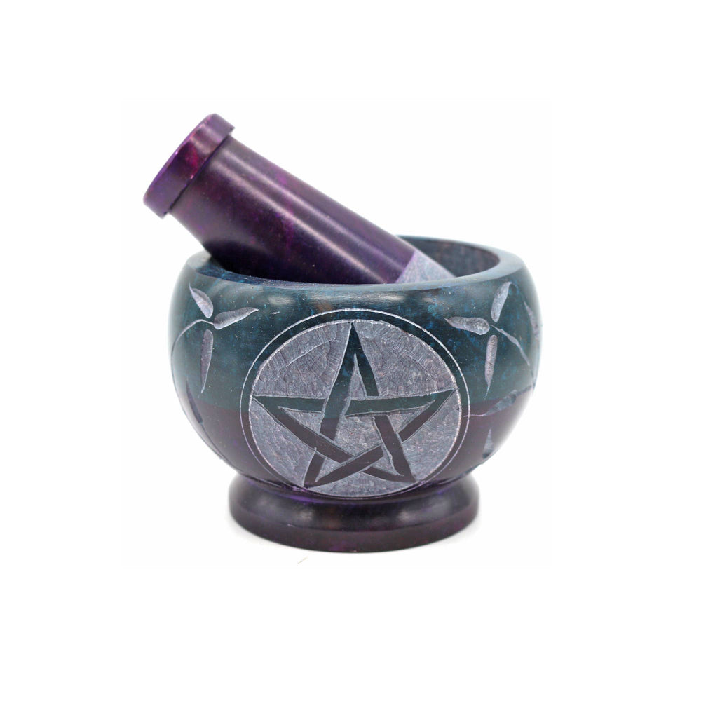Purple and Teal Soapstoen Mortar and Pestle with Pentagram Design