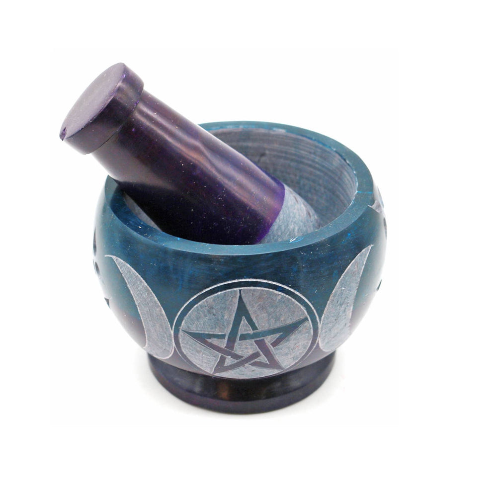 Purple and Teal Soapstone Mortar and Pestle with Triple Moon
