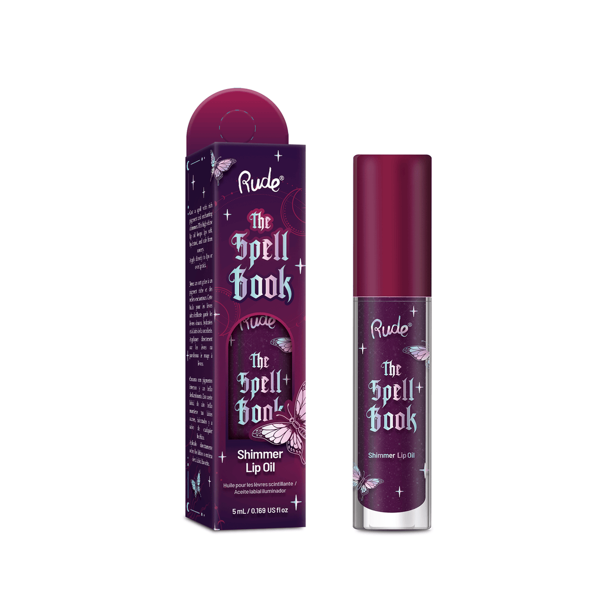 Rude The Spell Book Shimmer Lip Oil shown next to its purple packaging box on a plain white background.