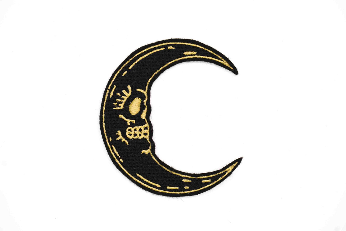 Black Crescent Moon Skull Iron on Patch