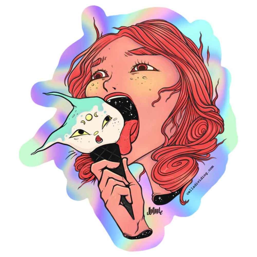 Girl and Cat Ice Cream Holographic Sticker