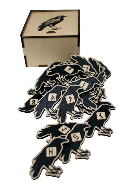Wood Raven Rune Set with Storage Box