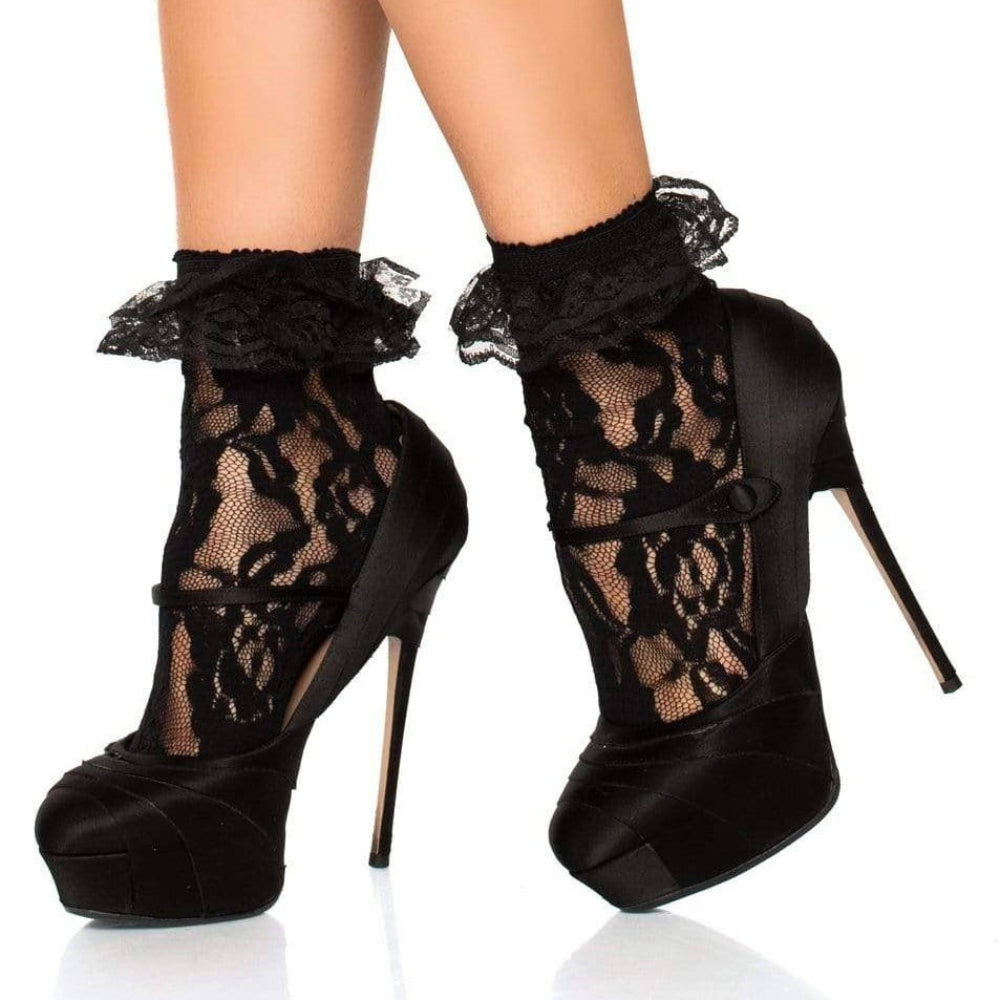 Black Lace Ankle Socks with Ruffle Cuff Clothing Leg Avenue   