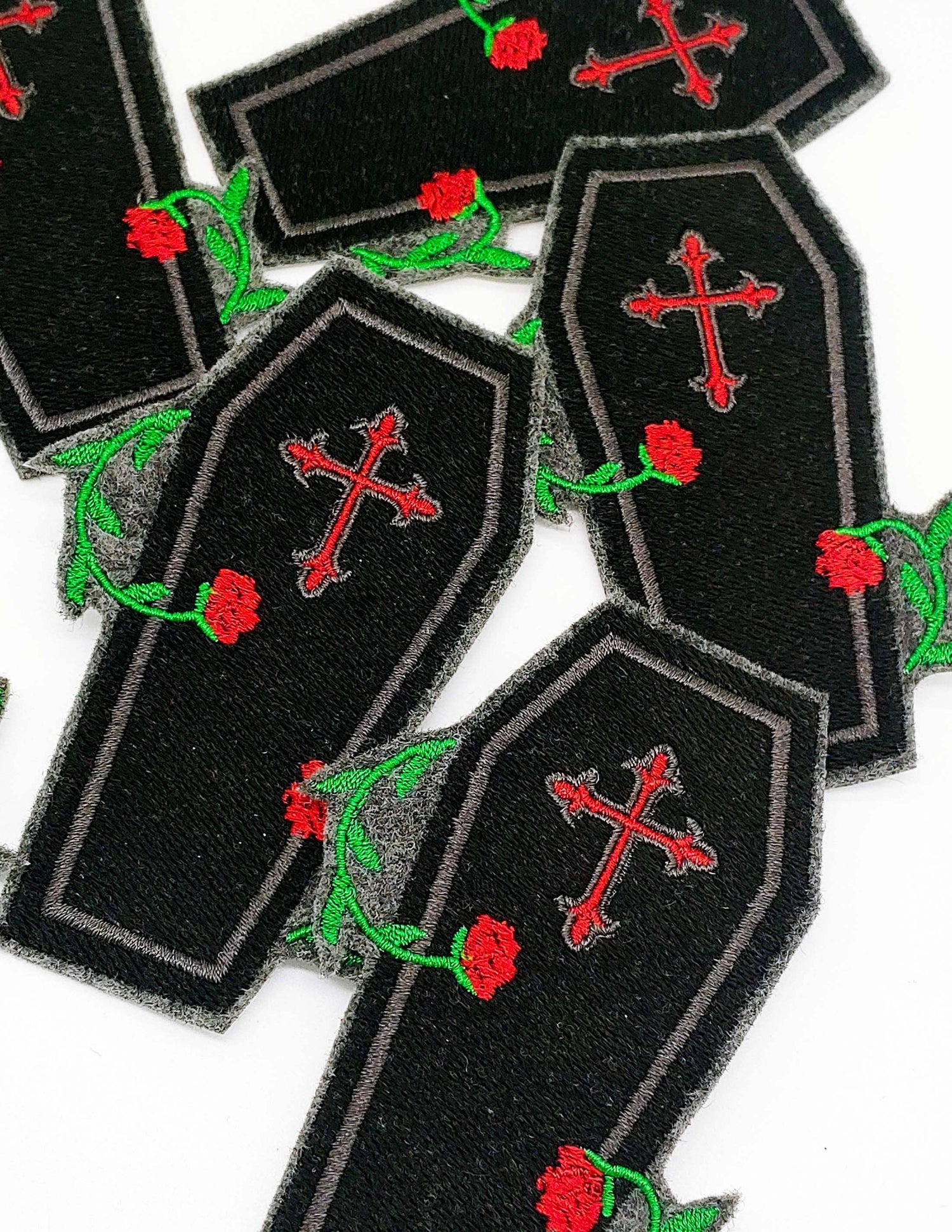 Coffin and Roses Gothic Iron On Embroidered Patch