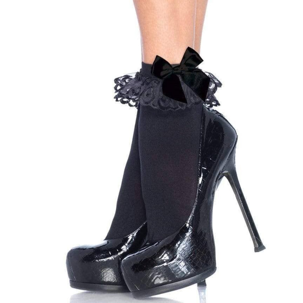 Black Ankle Socks with Ruffle and Bow Clothing Leg Avenue   