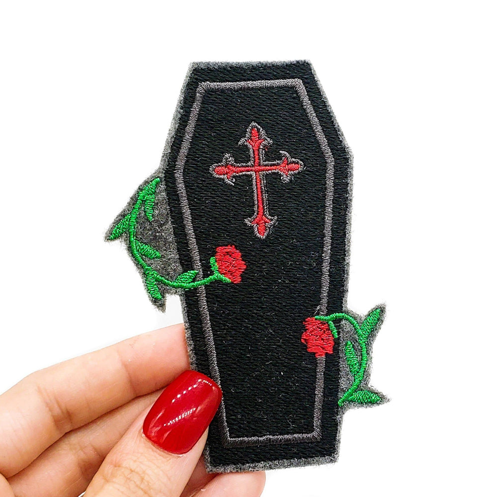 Coffin and Roses Iron On Patch