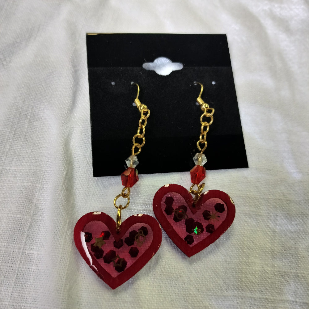 Handmade Dangling Earrings Red Hearts