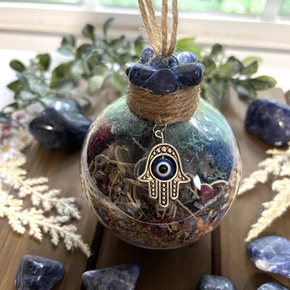 Evil Eye Protection Hanging Witch Ball Witchcraft Moondust and Raven   