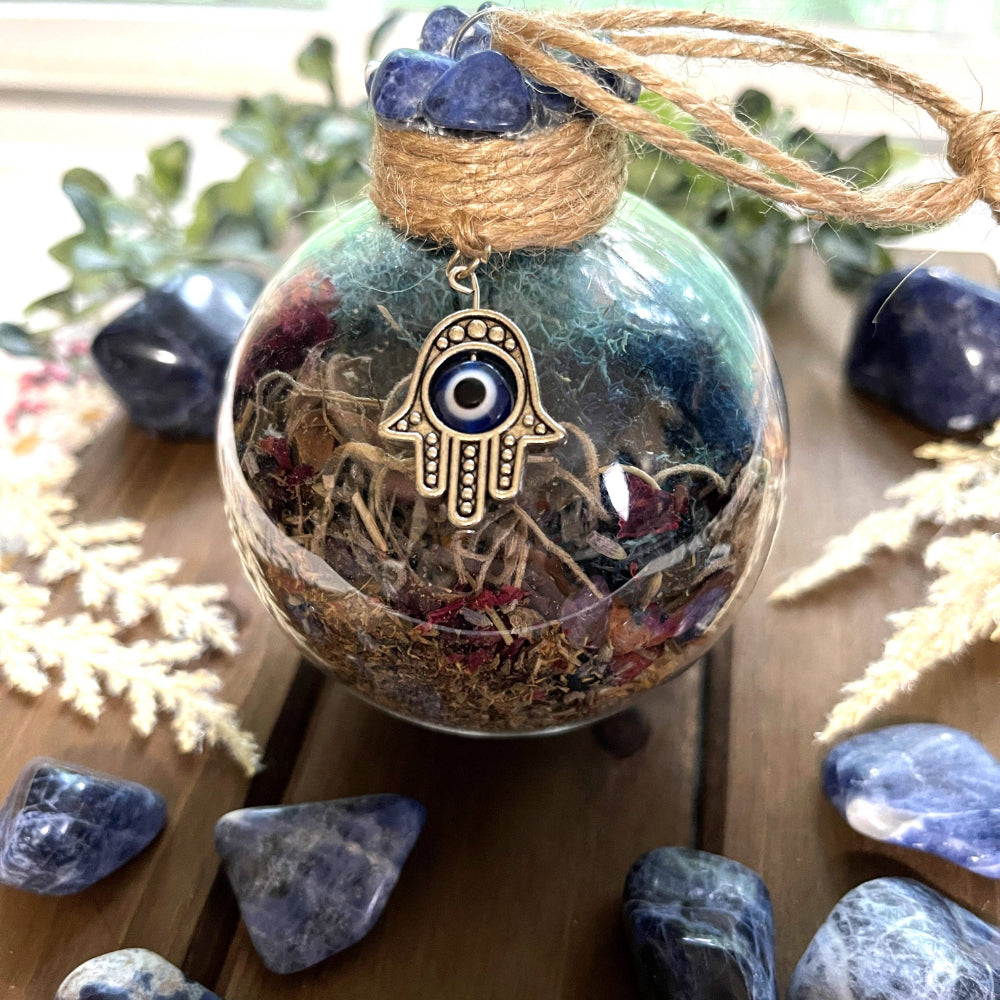 Evil Eye Protection Hanging Witch Ball Witchcraft Moondust and Raven   