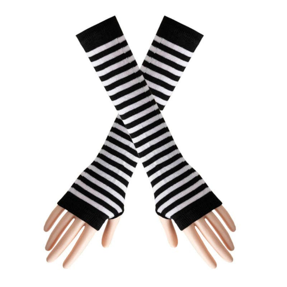 Fingerless Striped Knit Arm Warmers Thin Stripe Black+White