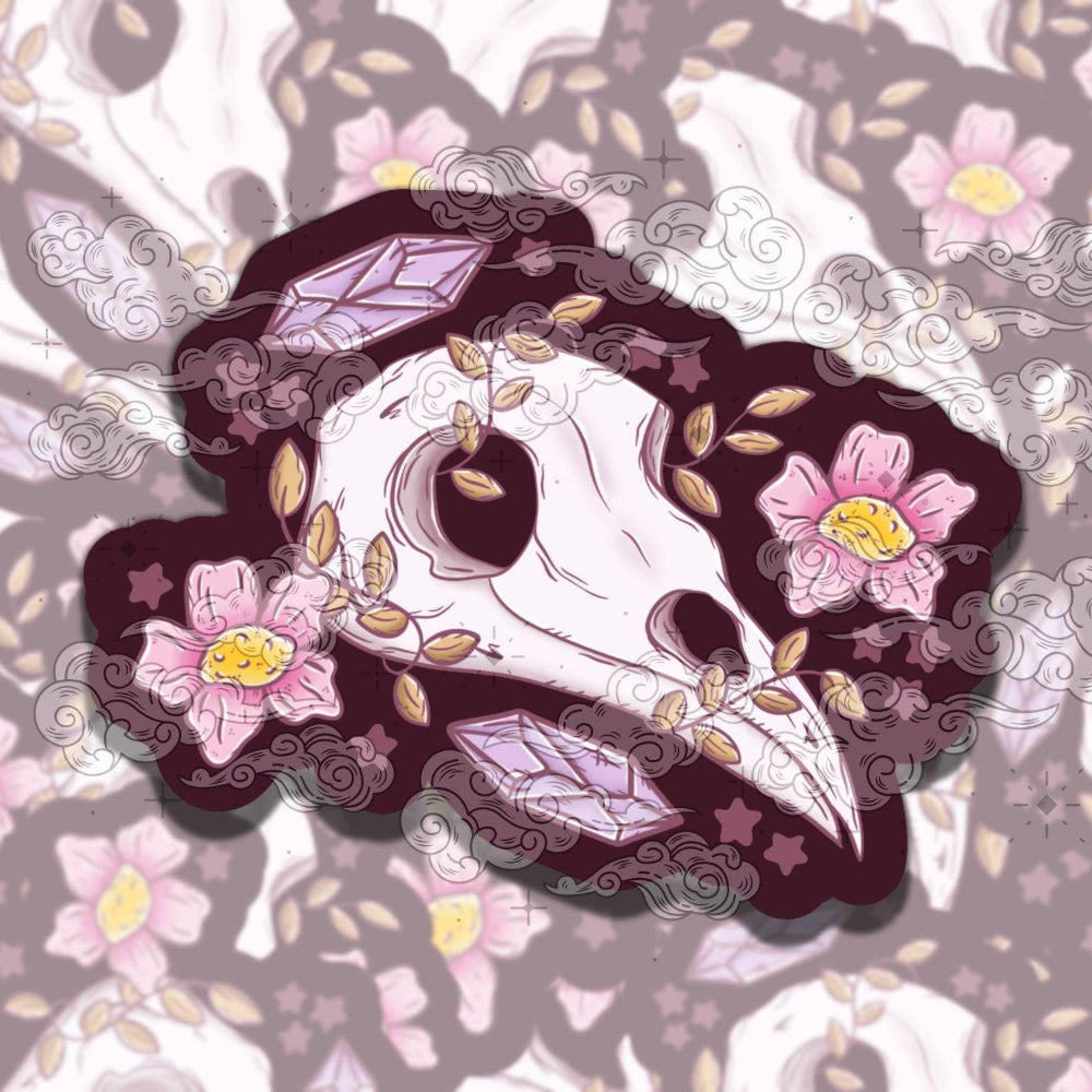 Floral Corvid Skull Vinyl Sticker