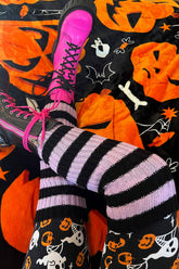 Funeral Flowers Striped Leg Warmers Black/Lilac