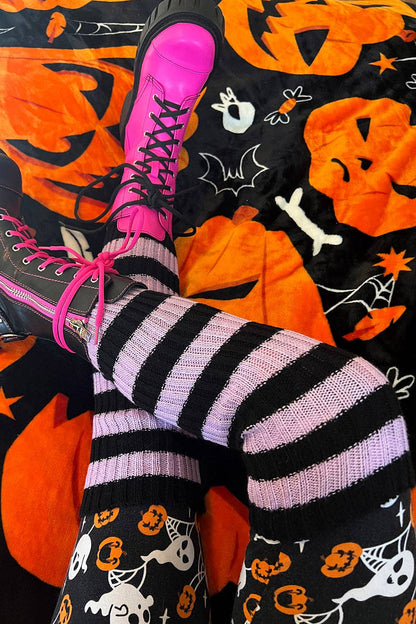 Funeral Flowers Striped Leg Warmers Black/Lilac