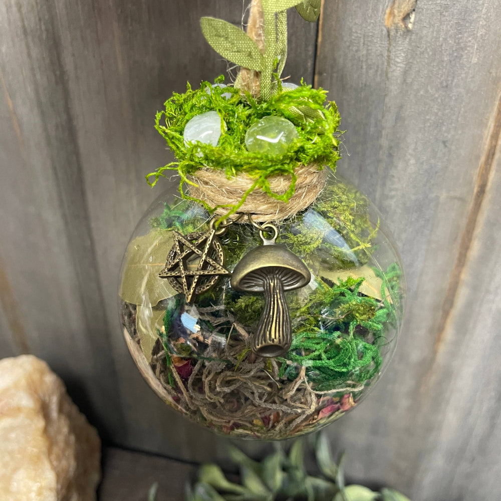 Green Witch Hanging Witch Ball Witchcraft Moondust and Raven   