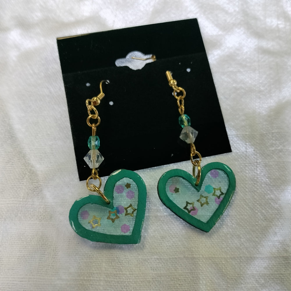 Handmade Dangling Earrings Jewelry Pink Star Arts Green Hearts  