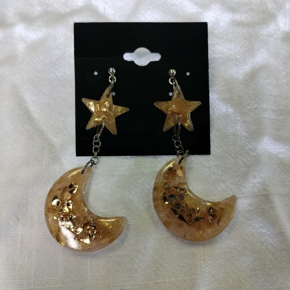 Handmade Dangling Earrings Jewelry Pink Star Arts Moon and Star  