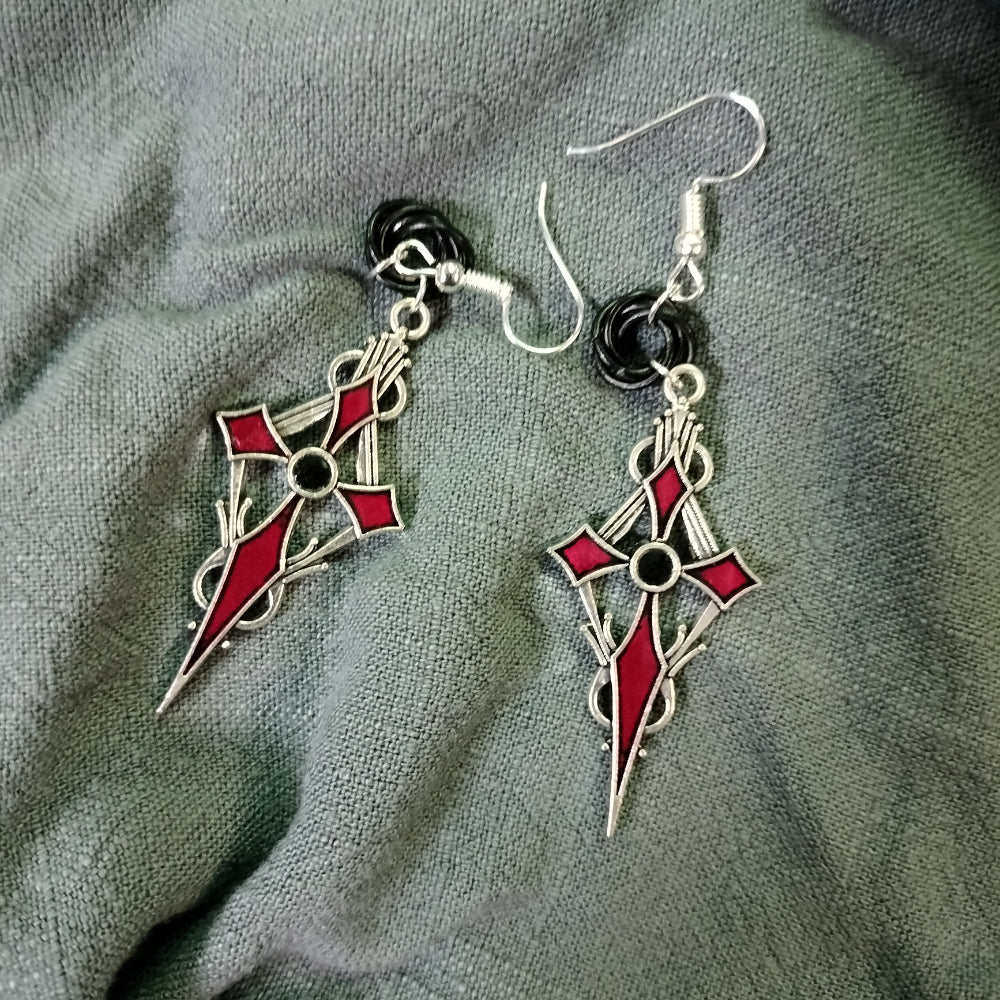 Handmade Gothic Cross Earrings Silver &amp; Red