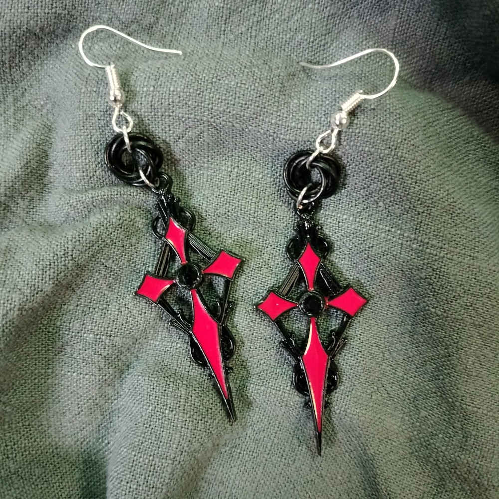 Handmade Gothic Cross Earrings Black &amp; Red