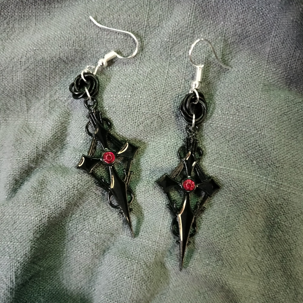 Handmade Gothic Cross Earrings Black with Red Gem