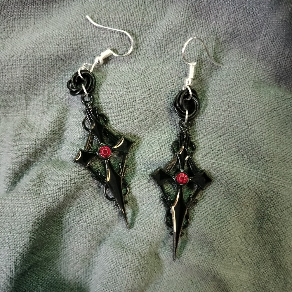 Handmade Gothic Cross Earrings Jewelry Leo Kitty Crafts Black with Red Gem  