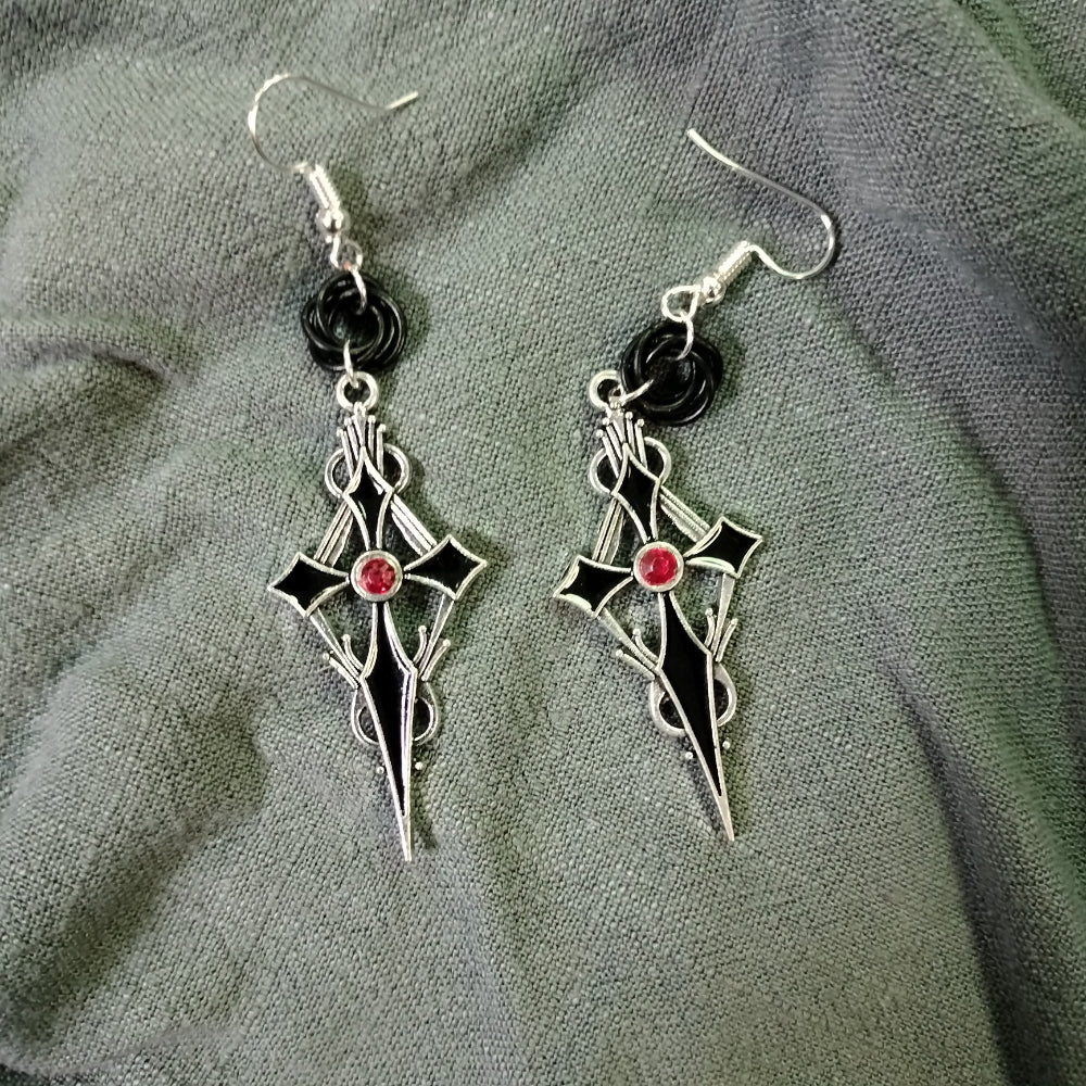 Handmade Gothic Cross Earrings Silver &amp; Black With Red Gem