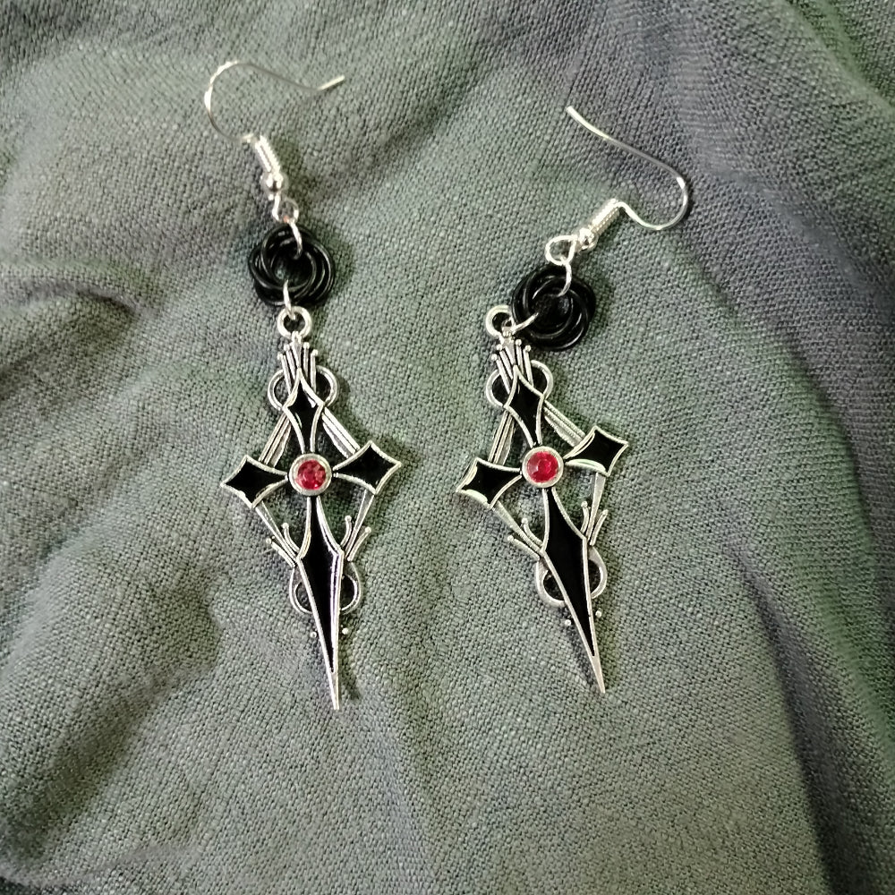 Handmade Gothic Cross Earrings Jewelry Leo Kitty Crafts Silver & Black With Red Gem  