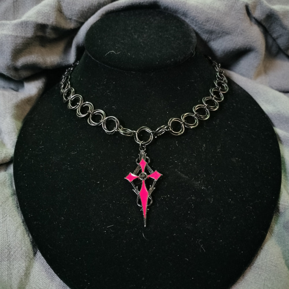 Handmade Gothic Cross Chainmail Choker Jewelry Leo Kitty Crafts Black & Red  