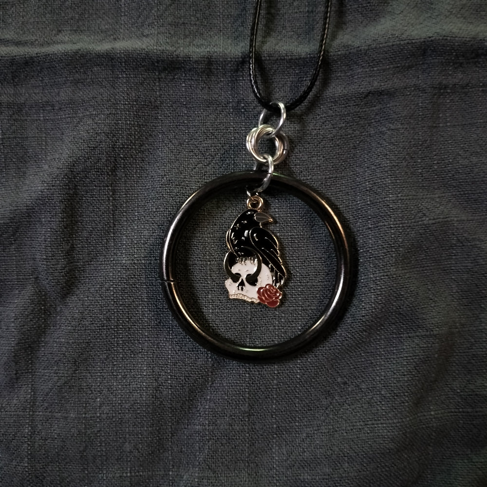 Handmade Necklace With Ring And Charm Jewelry Leo Kitty Crafts Crow with Skull  