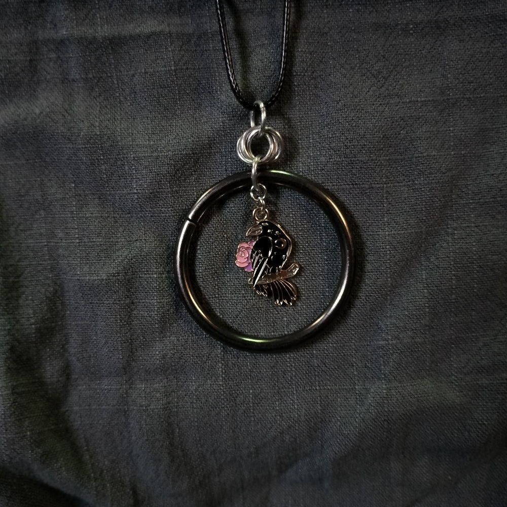 Handmade Necklace With Ring And Charm Jewelry Leo Kitty Crafts Crow with Pink Roses  
