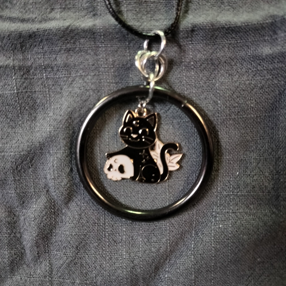 Handmade Necklace With Ring And Charm Jewelry Leo Kitty Crafts Cat with Skull  