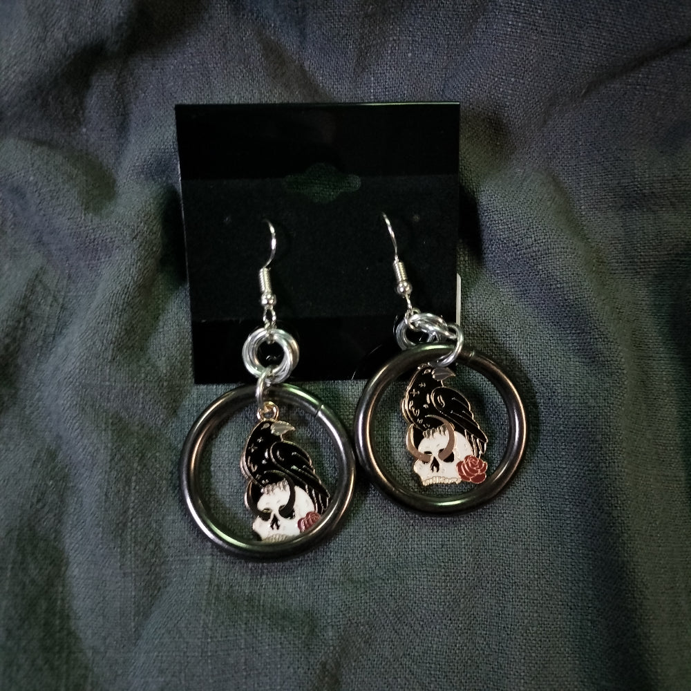 Handmade Earrings Ring and Charm Crow with Skull