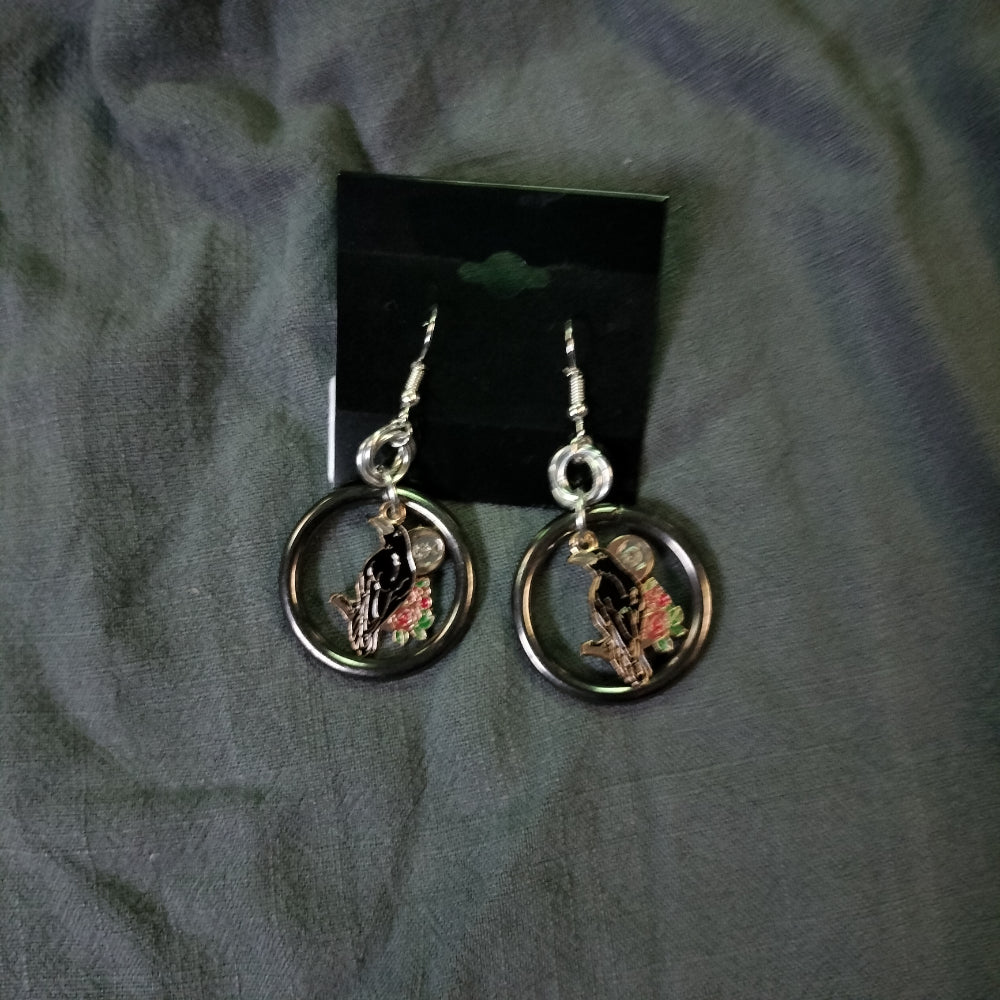 Handmade Earrings Ring and Charm Crow with Red Roses